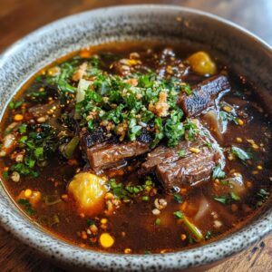 Close-up of a bowl of birria ramen with tender beef, fresh herbs, and a flavorful broth