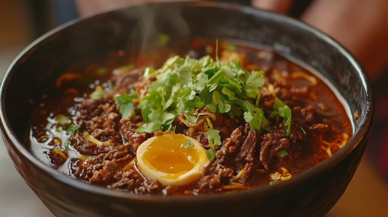 A steaming bowl of birria ramen with tender beef, cilantro, and a soft-boiled egg on top