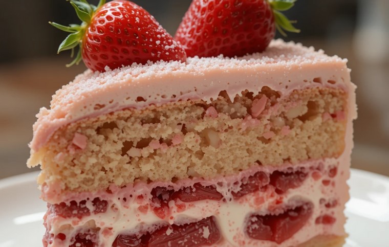 Close up photo of a strawberry earthquake cake