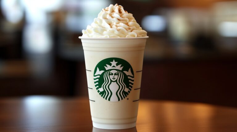 A Starbucks Vanilla Frappuccino topped with whipped cream and a sprinkle of cinnamon, sitting on a wooden table in a blurred café setting