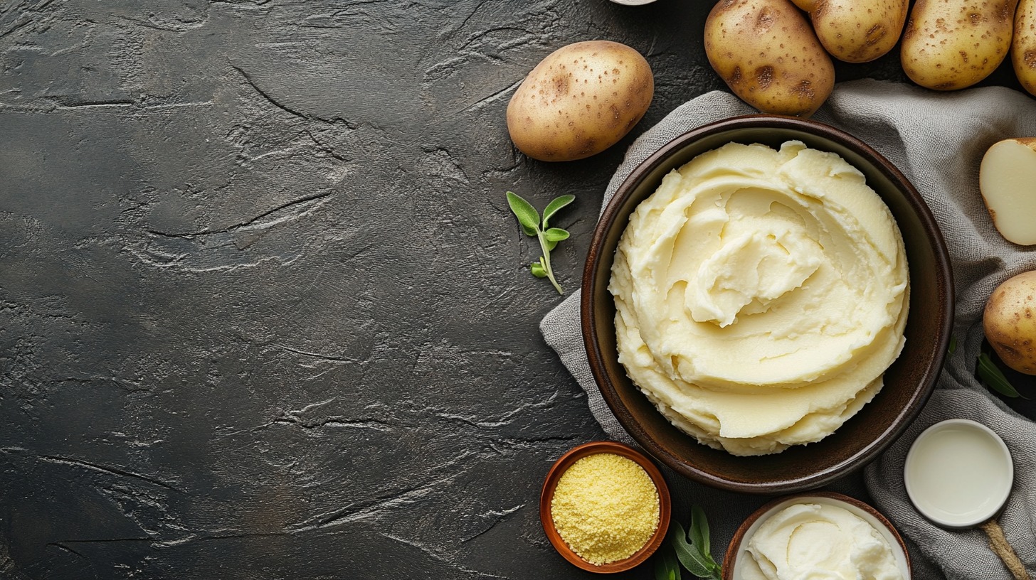 A bowl of mashed potatoes surrounded by whole raw potatoes, herbs, and small bowls of ingredients on a dark textured surface