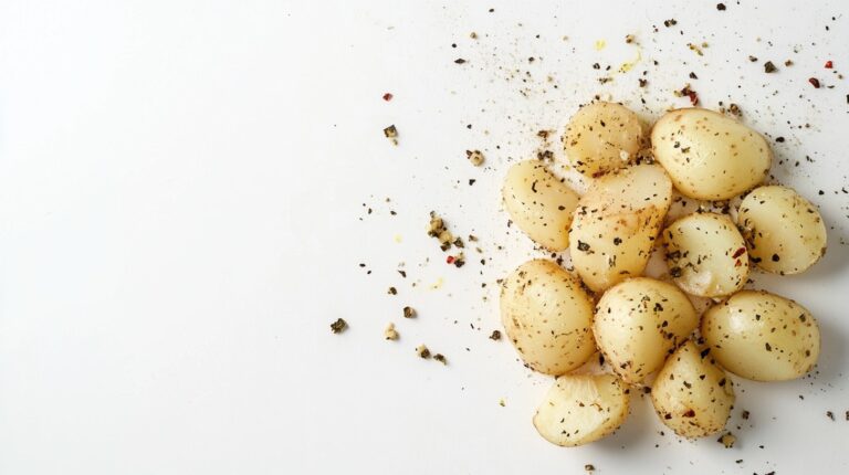 A pile of boiled and lightly seasoned potatoes on a white surface with scattered spices