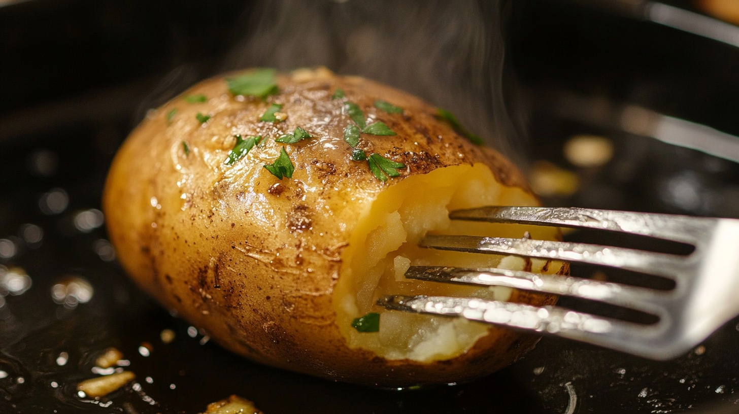 Close-up of a steaming baked potato with a fork piercing its soft interior, garnished with fresh herbs