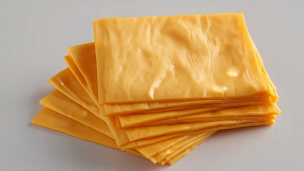 Stack of American cheese slices on a plain background