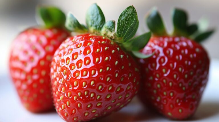 Close-up of three ripe strawberries with green leaves, glistening with moisture on a white surface.