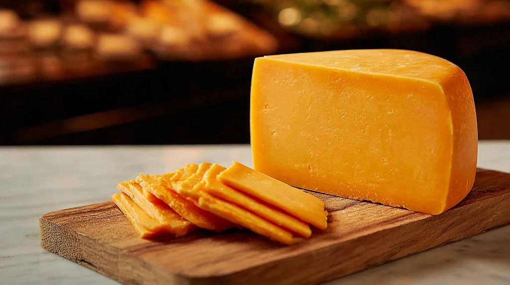 Colby cheese block with several slices on a wooden board