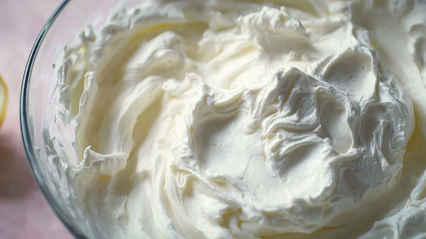 Close-up of whipped cream cheese in a glass bowl
