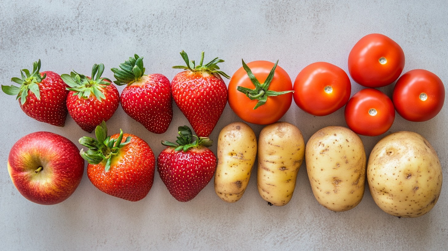 A variety of fruits and vegetables arranged in a row, including apples, strawberries, tomatoes, and potatoes, placed on a light-colored surface