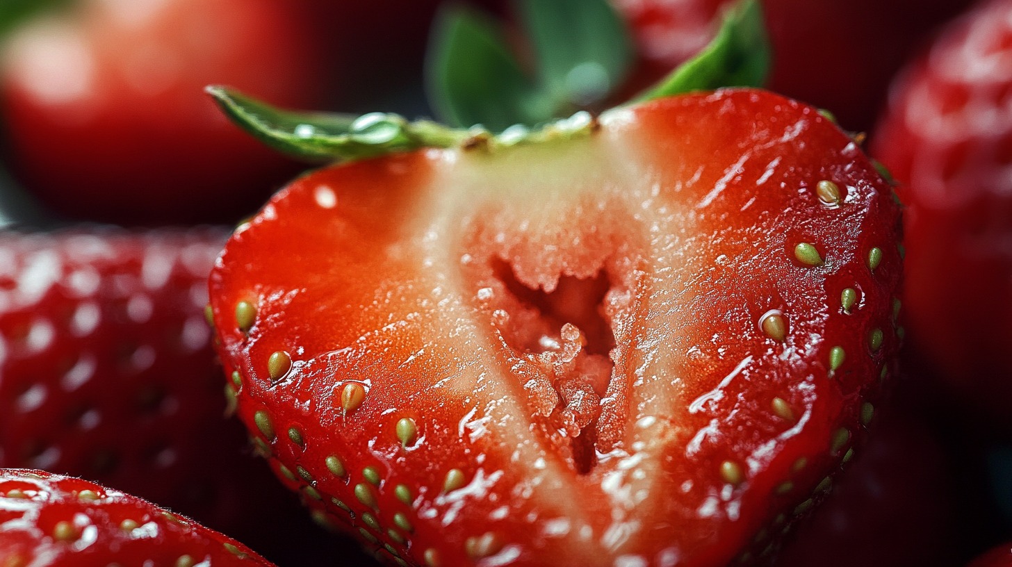 Close-up of a freshly cut strawberry, showing its juicy red interior and tiny seeds on the surface