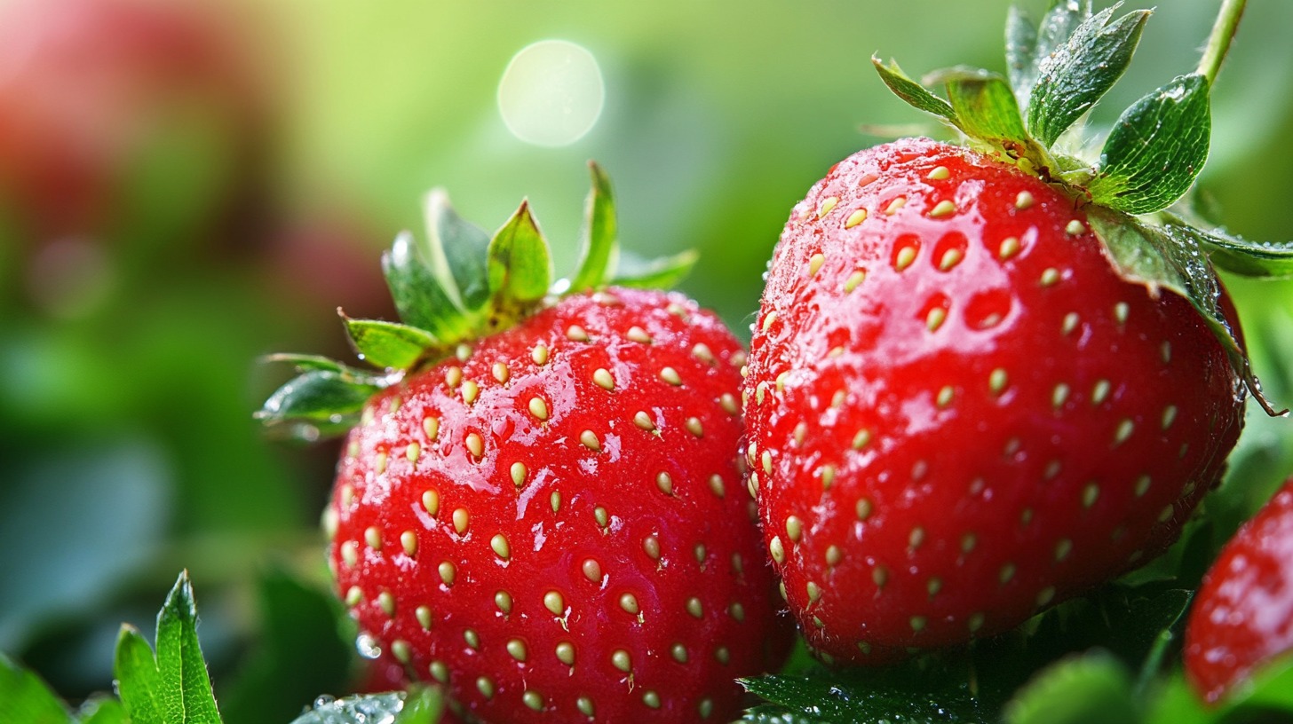 Close-up of two ripe strawberries covered in tiny water droplets, surrounded by green leaves in a natural garden setting