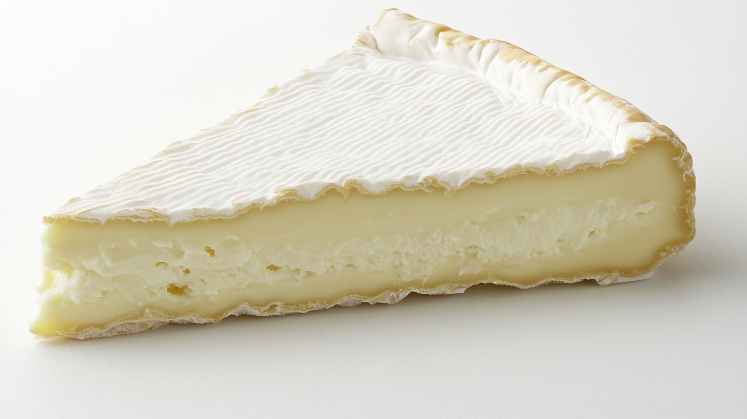 A slice of brie cheese with a creamy interior and soft white rind on a plain background