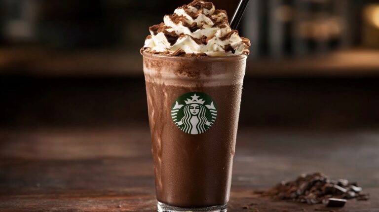 A Starbucks Mocha Frappuccino in a glass cup, topped with whipped cream and cocoa powder, set against a cozy, dark background with coffee beans nearby