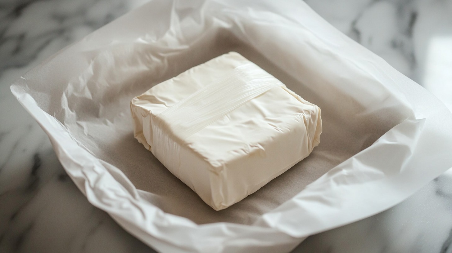 A block of brie cheese wrapped in parchment paper on a marble surface