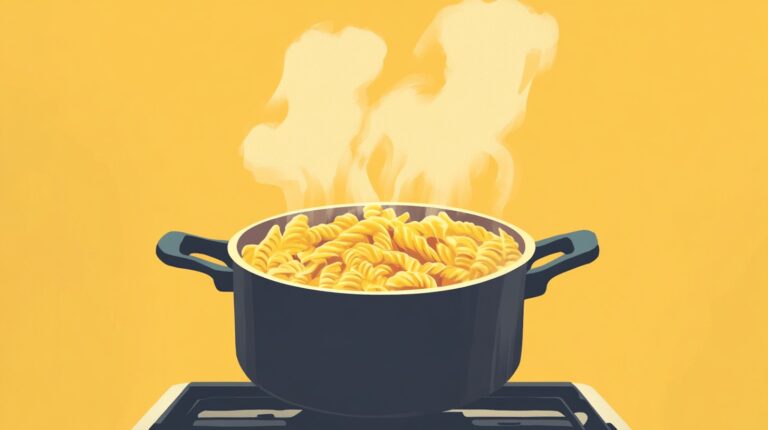 Illustration of a steaming pot filled with rotini pasta on a stovetop against a yellow background