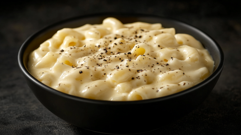 A Bowl of Creamy Mac and Cheese Topped with Freshly Ground Black Pepper