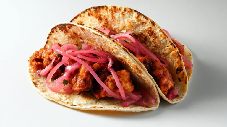 Two crispy Chicken Tinga tacos topped with pickled red onions on a white background