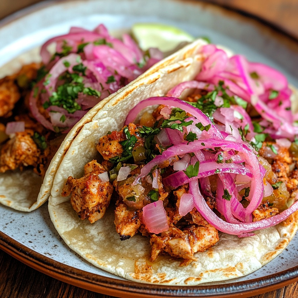 Two chicken tinga tacos with pickled onions on a ceramic plate