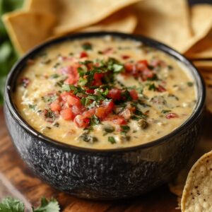 Close-up of a creamy queso dip in a black bowl, topped with diced tomatoes and fresh cilantro, with crispy tortilla chips in the background