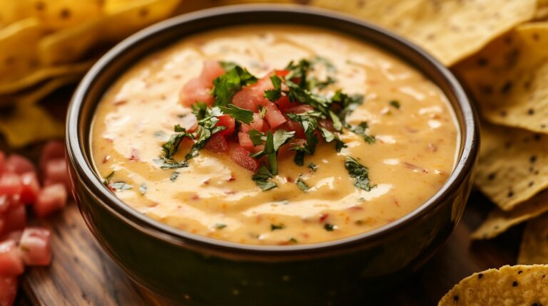 Close-up of a bowl of warm queso dip, garnished with diced tomatoes and fresh cilantro, surrounded by tortilla chips