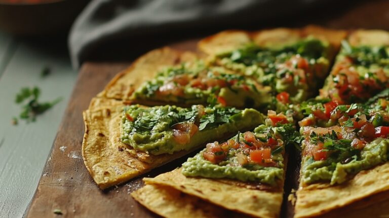 Close-up of tortilla slices topped with guacamole, diced tomatoes, and chopped cilantro on a wooden board
