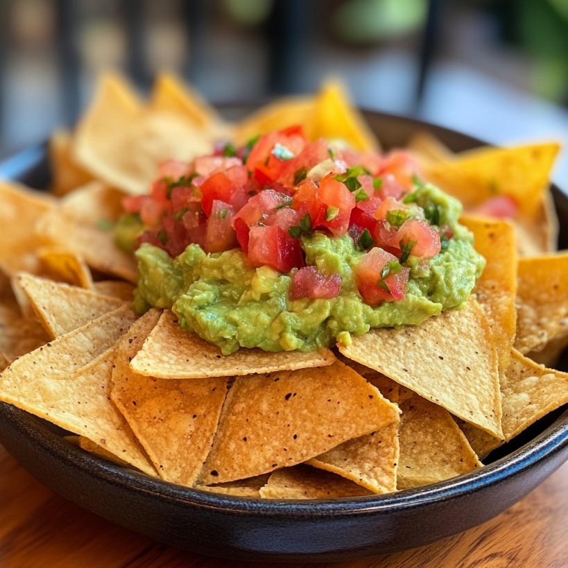 Bowl of tortilla chips with guacamole and diced tomato salsa on top