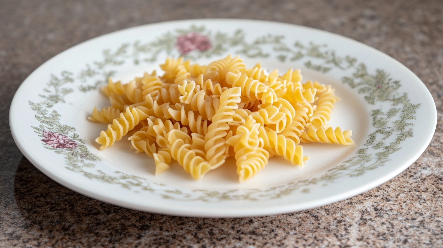 Plate with slightly undercooked rotini pasta on a floral-patterned dish, placed on a granite countertop