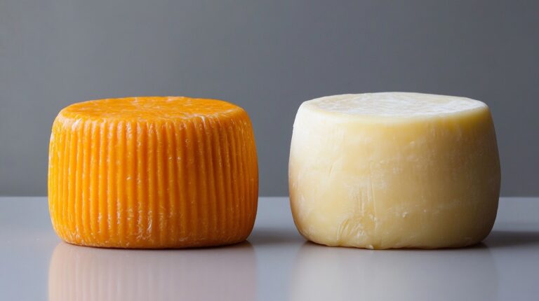Side-by-side comparison of a firm, orange-aged cheddar cheese and a soft, white mozzarella cheese on a reflective surface
