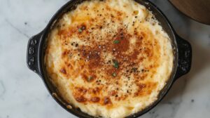 Close-up of a cast iron skillet filled with baked queso dip, topped with spices and herbs, with a golden-brown, bubbly surface