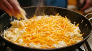 Close-up of shredded cheddar and Monterey Jack cheese being added to a pan of creamy sauce, melting into a smooth queso dip