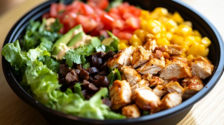 Spicy chipotle chicken burrito bowl with grilled chicken, lettuce, corn, tomatoes, avocado, olives, and cilantro