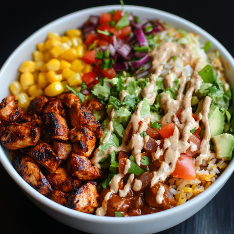A colorful burrito bowl with chipotle chicken, corn, avocado, rice, and creamy sauce