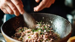 Hands mixing ground meat with herbs and spices in a large black bowl