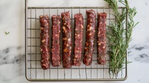Rows of raw kielbasa sticks drying on a metal rack with fresh rosemary beside them
