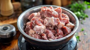 Raw chunks of seasoned pork in a stainless steel bowl ready for sausage making