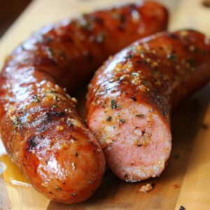Close-up of sliced smoked kielbasa sausage on a wooden board with garlic and herbs