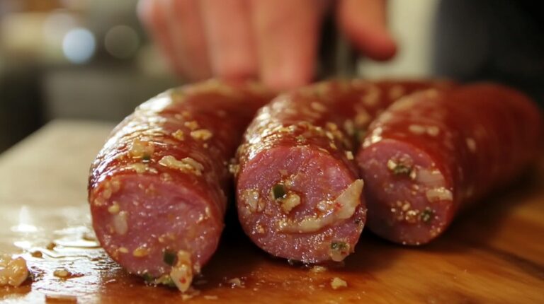 Close-up of raw kielbasa sausages on a wooden surface, seasoned with garlic and herbs