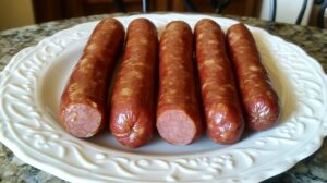 Five smoked kielbasa sausages neatly arranged on a white decorative plate