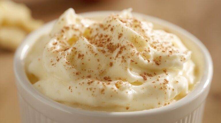 A ramekin filled with smooth sugar-free cheesecake pudding topped with a light dusting of cinnamon