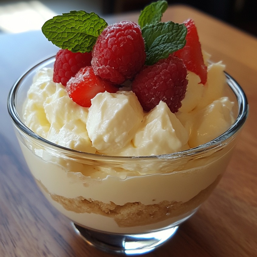 Glass dessert cup filled with sugar-free cheesecake pudding, topped with raspberries, strawberries, and fresh mint