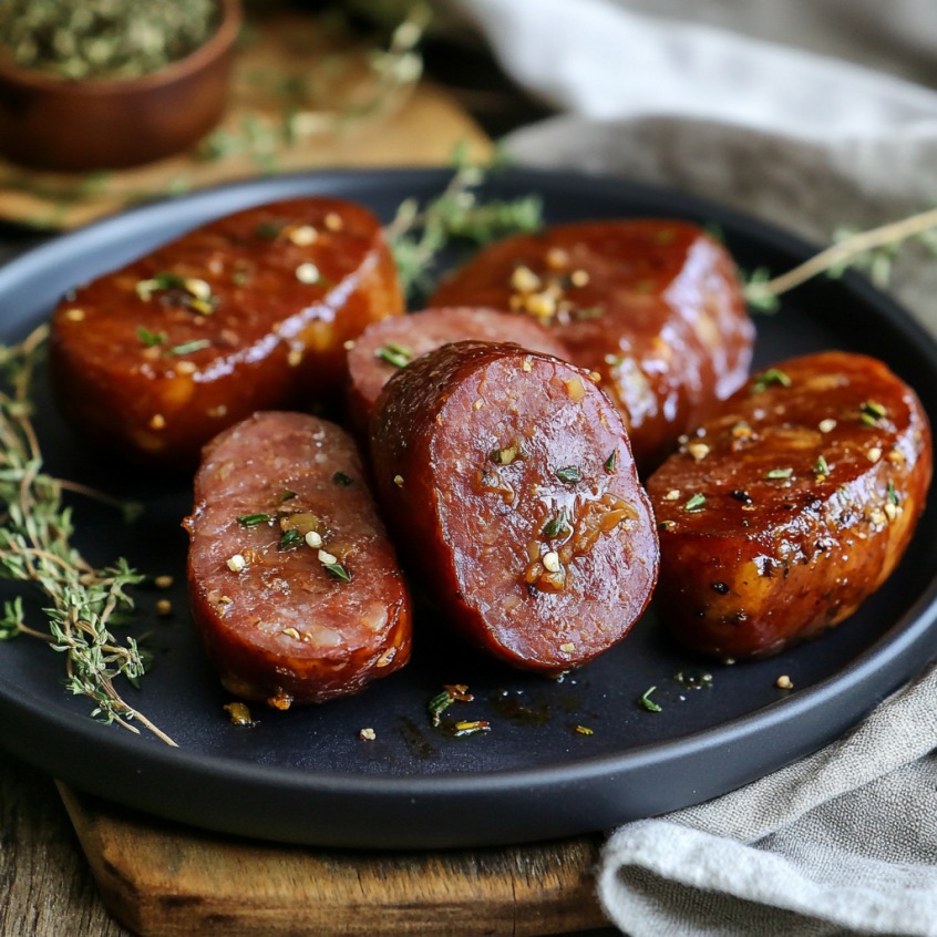 Slices of smoked kielbasa garnished with herbs on a black plate