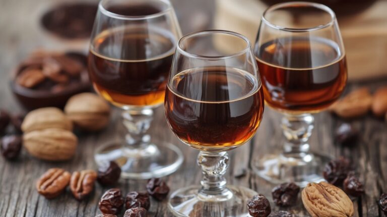 Three glasses of brown liqueur on a wooden table surrounded by nuts and dried fruits