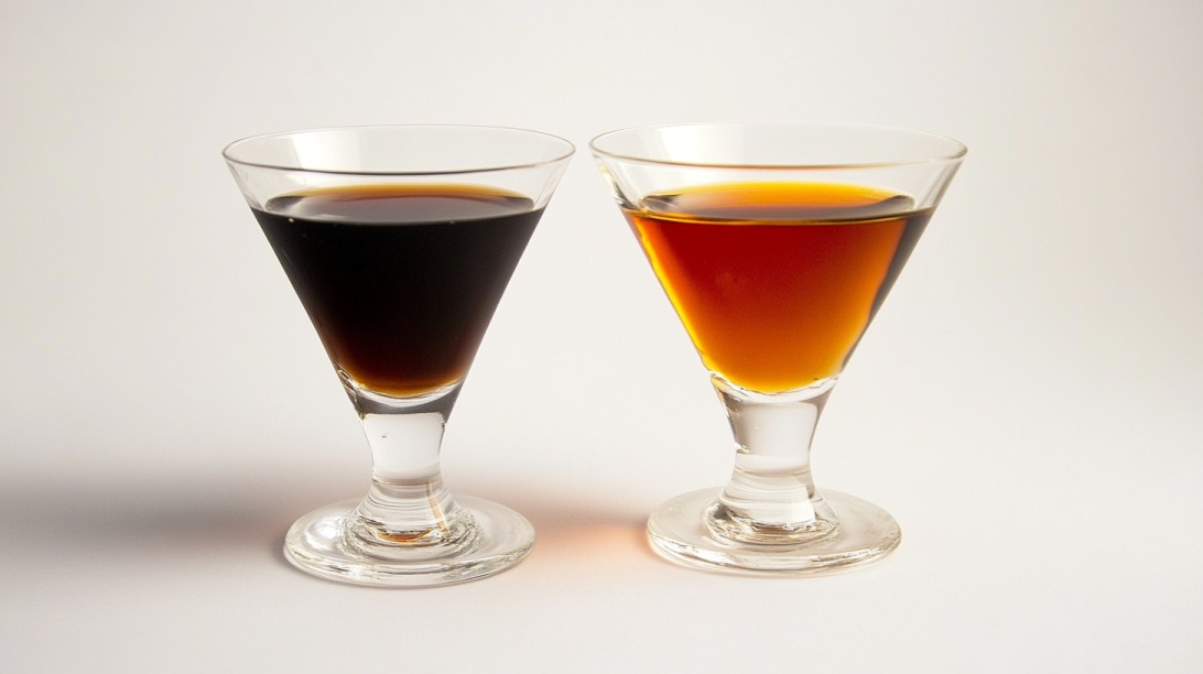 Two martini glasses filled with dark liqueurs, one darker (Amaro) and one amber-colored (Amaretto), against a white background