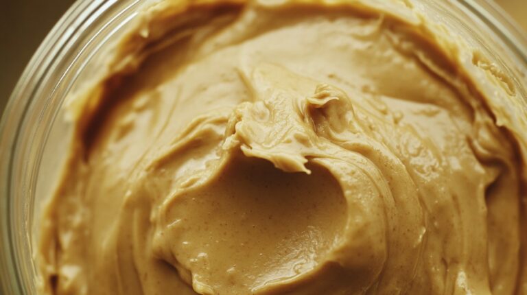 Close-up of smooth peanut butter in a jar