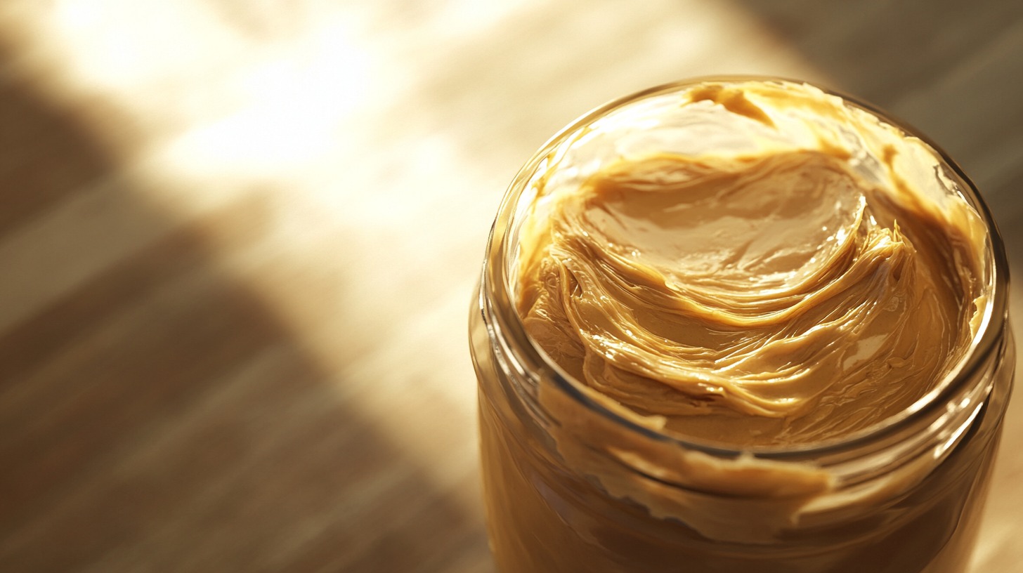 Close-up of a jar of creamy peanut butter in natural light