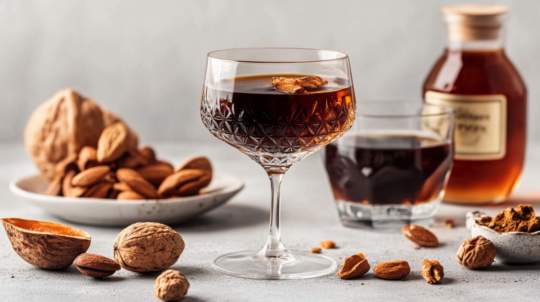 Glasses of dark liqueur surrounded by almonds, walnuts, and a bottle of liquor on a table
