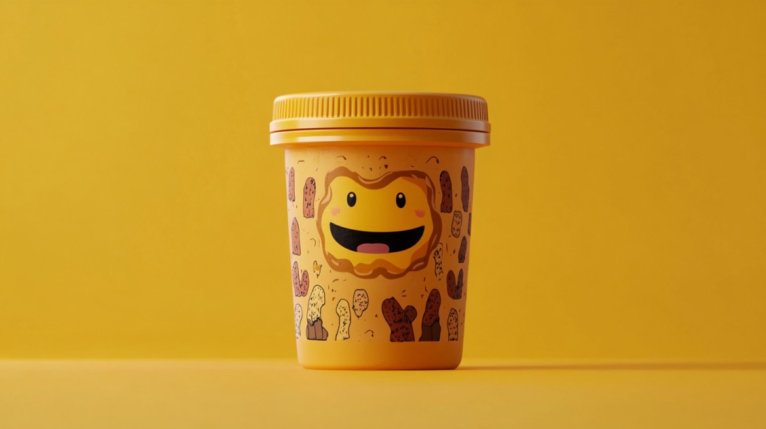 Colorful peanut butter jar with cartoon peanut illustrations on a yellow background