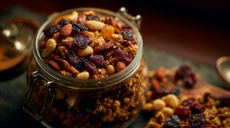 Glass jar filled with a healthy trail mix of dried fruits, nuts, and granola, surrounded by loose mix on a wooden surface