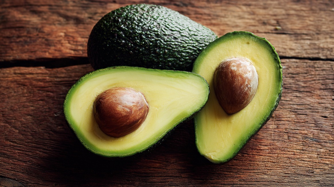 Perfectly ripe avocado cut in half with smooth, green flesh and whole seed, placed on a rustic wooden surface