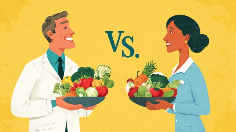 Illustration of a man and woman facing each other, each holding a bowl of vegetables, with “VS.” between them on a yellow background