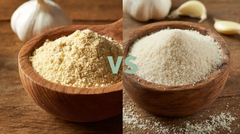 Side-by-side comparison of garlic powder and garlic salt in wooden bowls with garlic cloves in the background